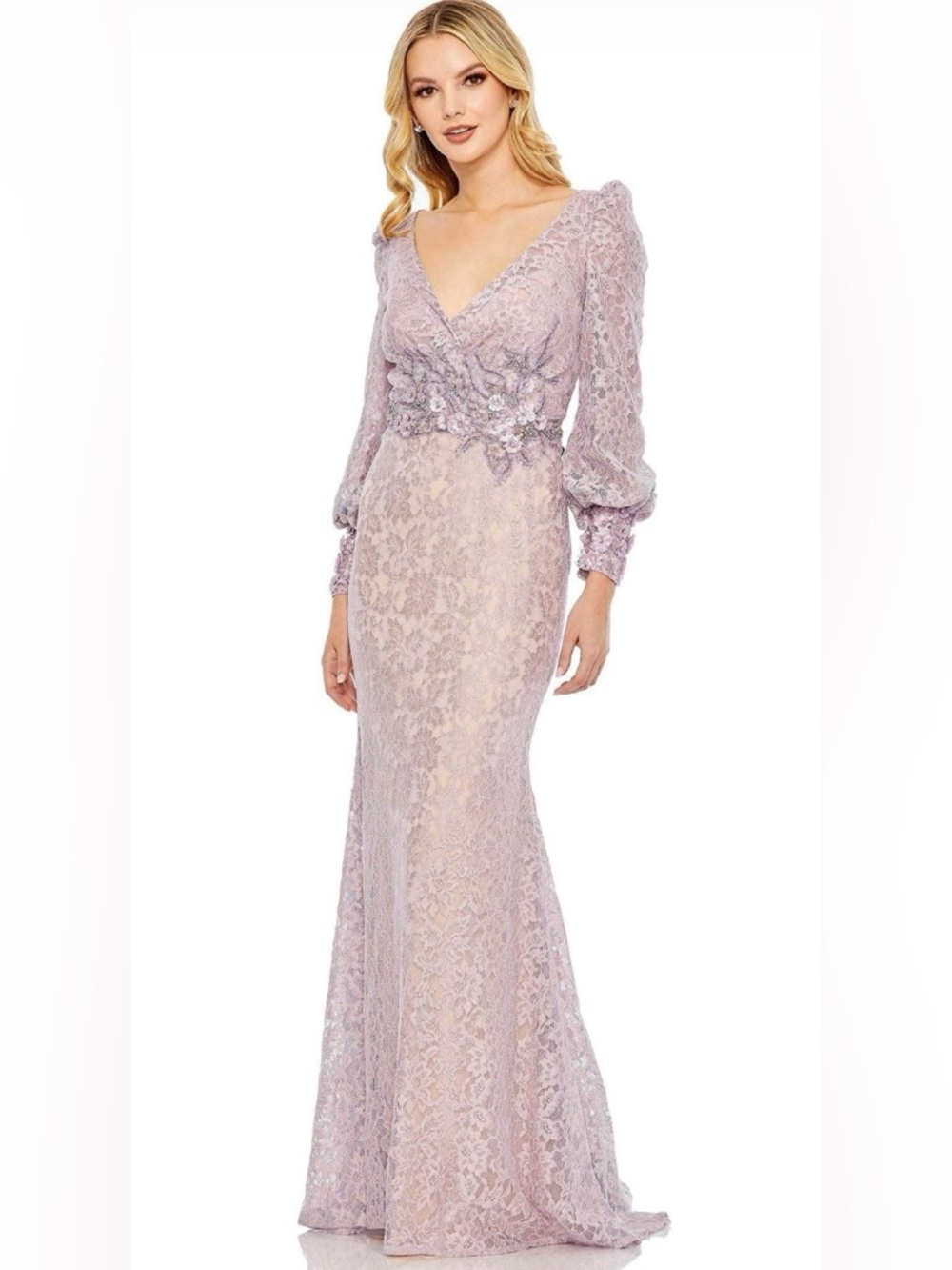 Mac Duggal Floral Lace Long Sleeve Maxi Dress